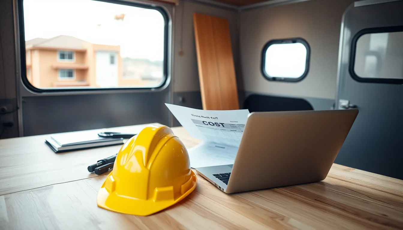 A homebuilder reviewing insurance cost documents and a laptop at a folding table inside a jobsite trailer