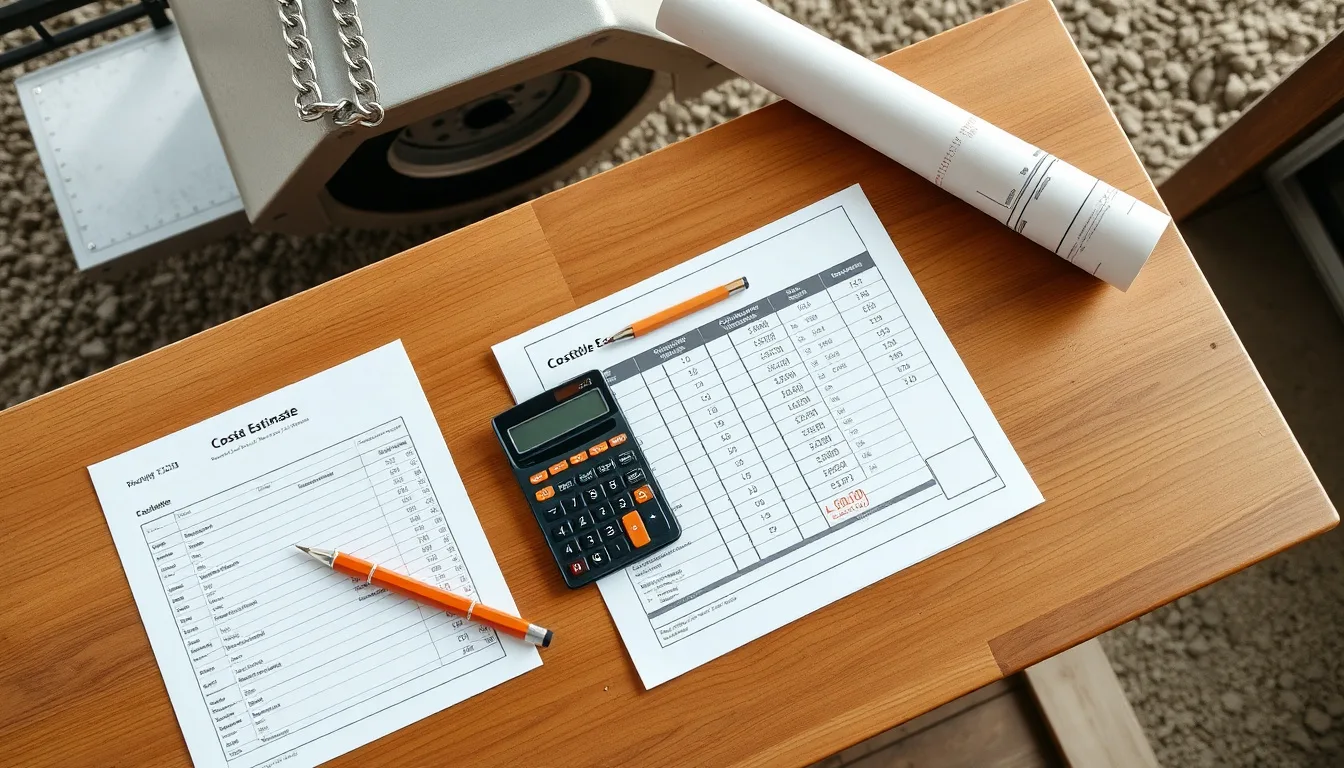 A production homebuilder's site superintendent reviewing a subdivision phase plan and cost worksheet on a clipboard in front of multiple framed tract homes under construction