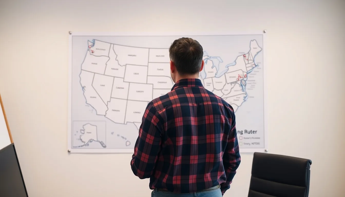 A production homebuilder reviewing a US map with multiple subdivision jobsite markers, planning bonding and licensing requirements for expansion into new states
