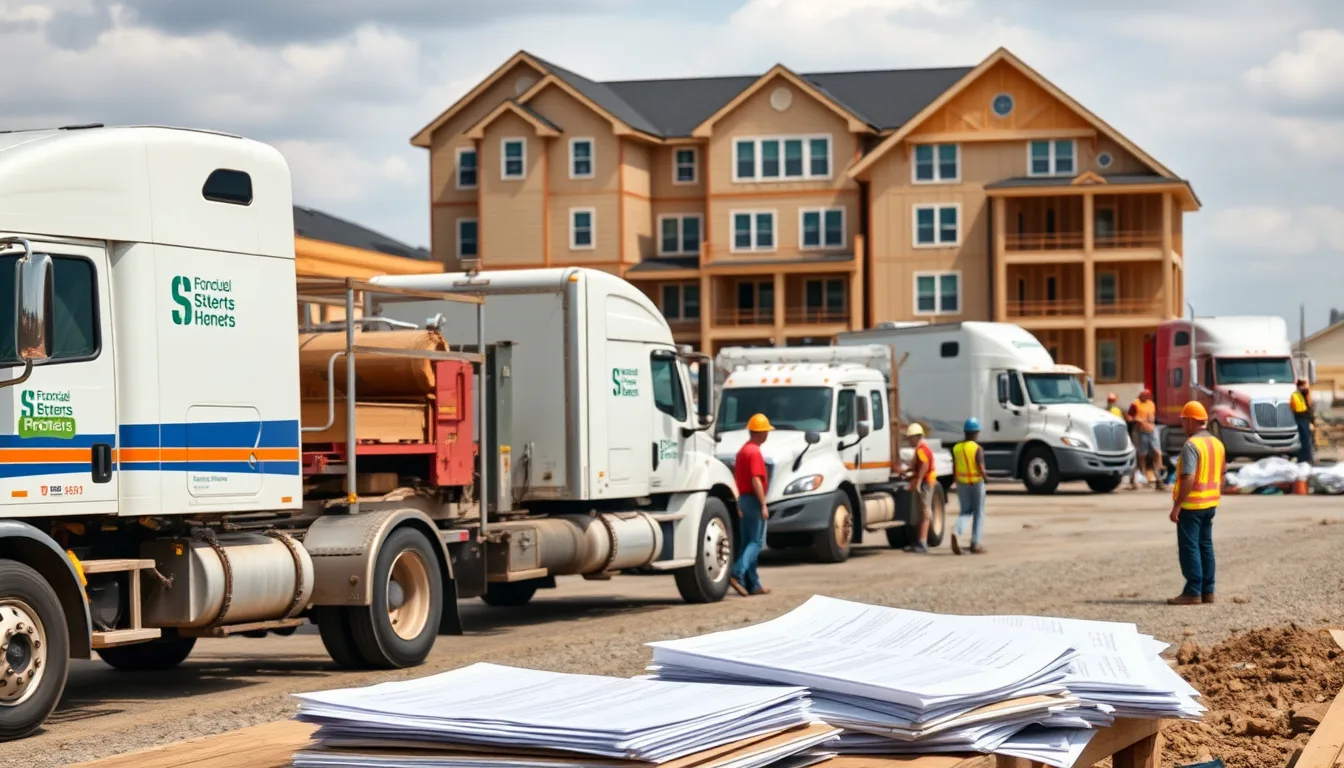Subcontractors reviewing paperwork and contracts at a folding table on a large multi-lot production homebuilding jobsite