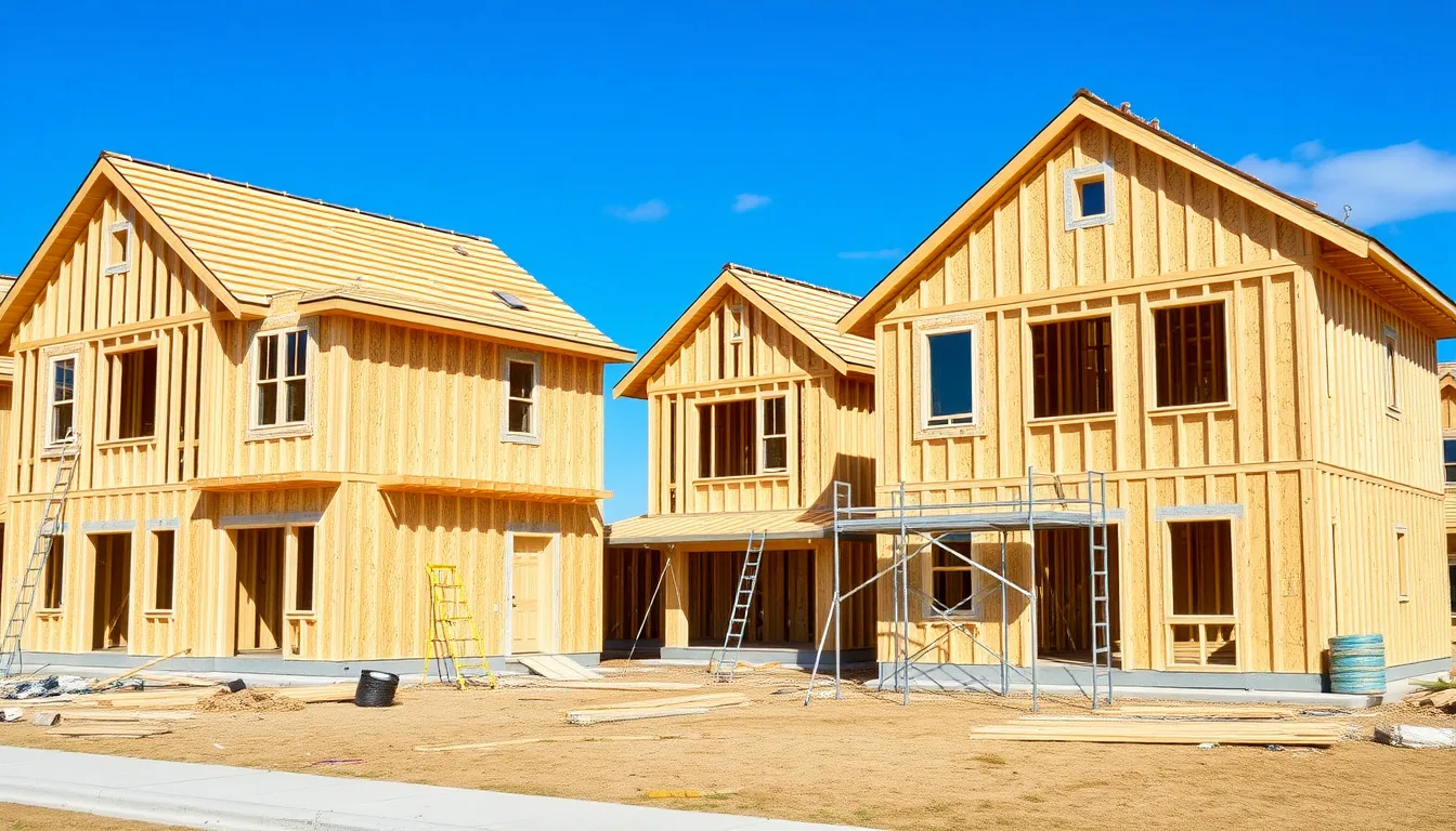 Multiple newly framed houses under construction in a production home subdivision
