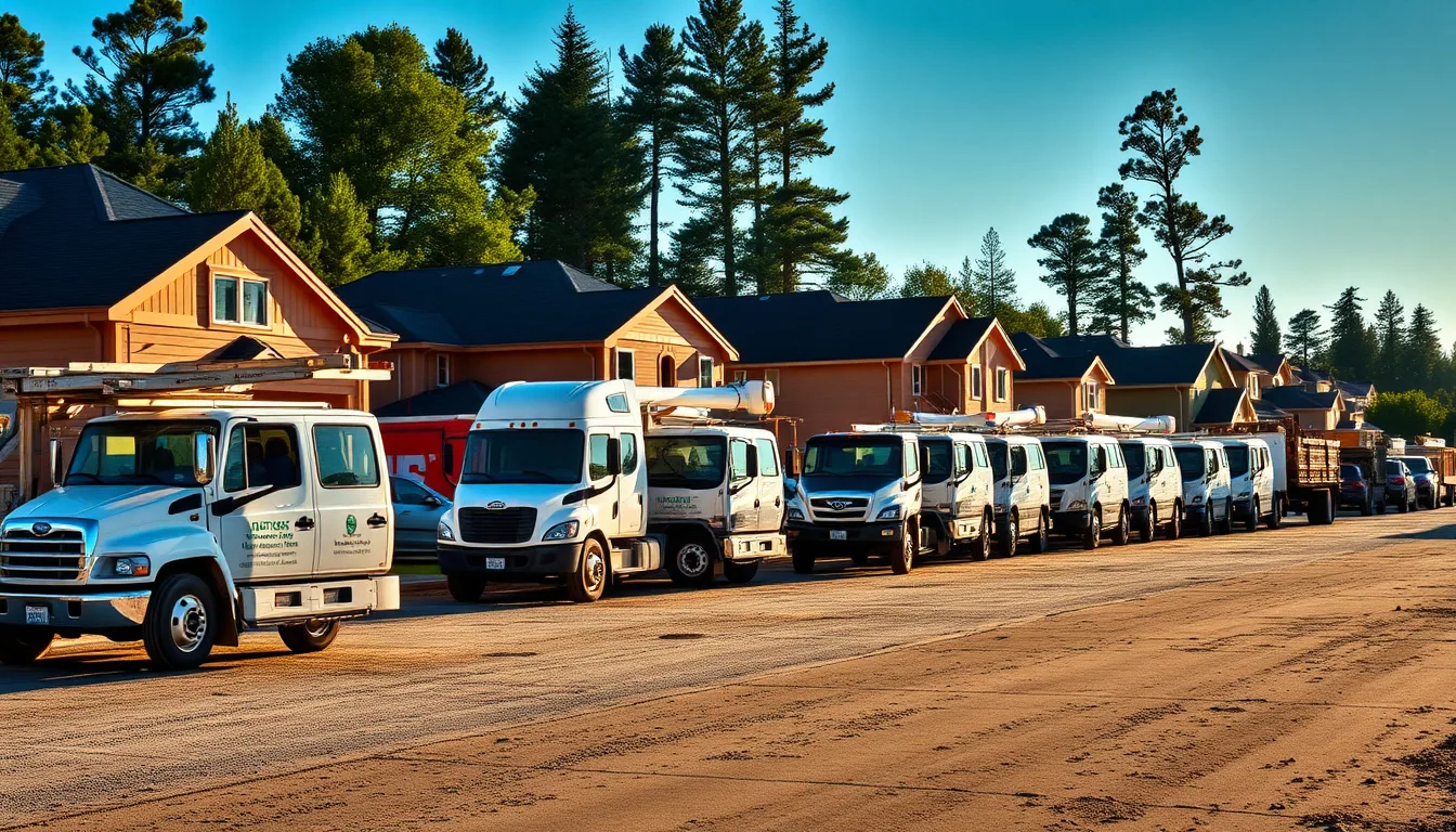 Work trucks and trailers parked at a production homebuilding jobsite with crews unloading materials