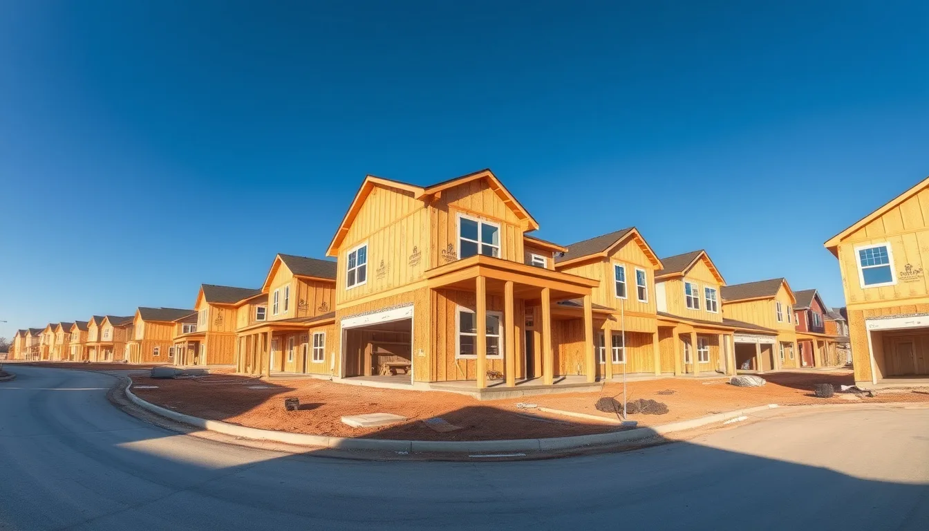 Production home subdivision under construction with multiple framed houses