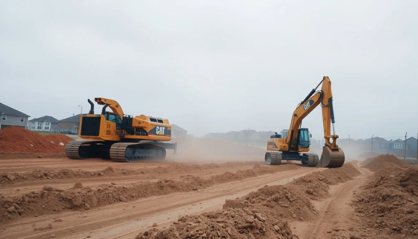 Excavator and grading equipment cutting and leveling raw land at the start of a new subdivision phase before framing begins