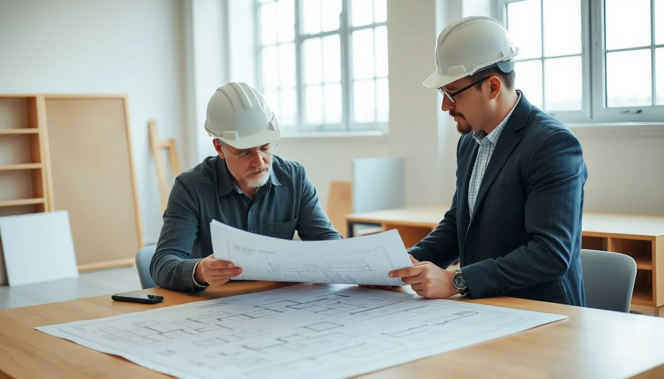 Homebuilder design team reviewing floor plans and site layout drawings at a table with a subdivision site map spread out