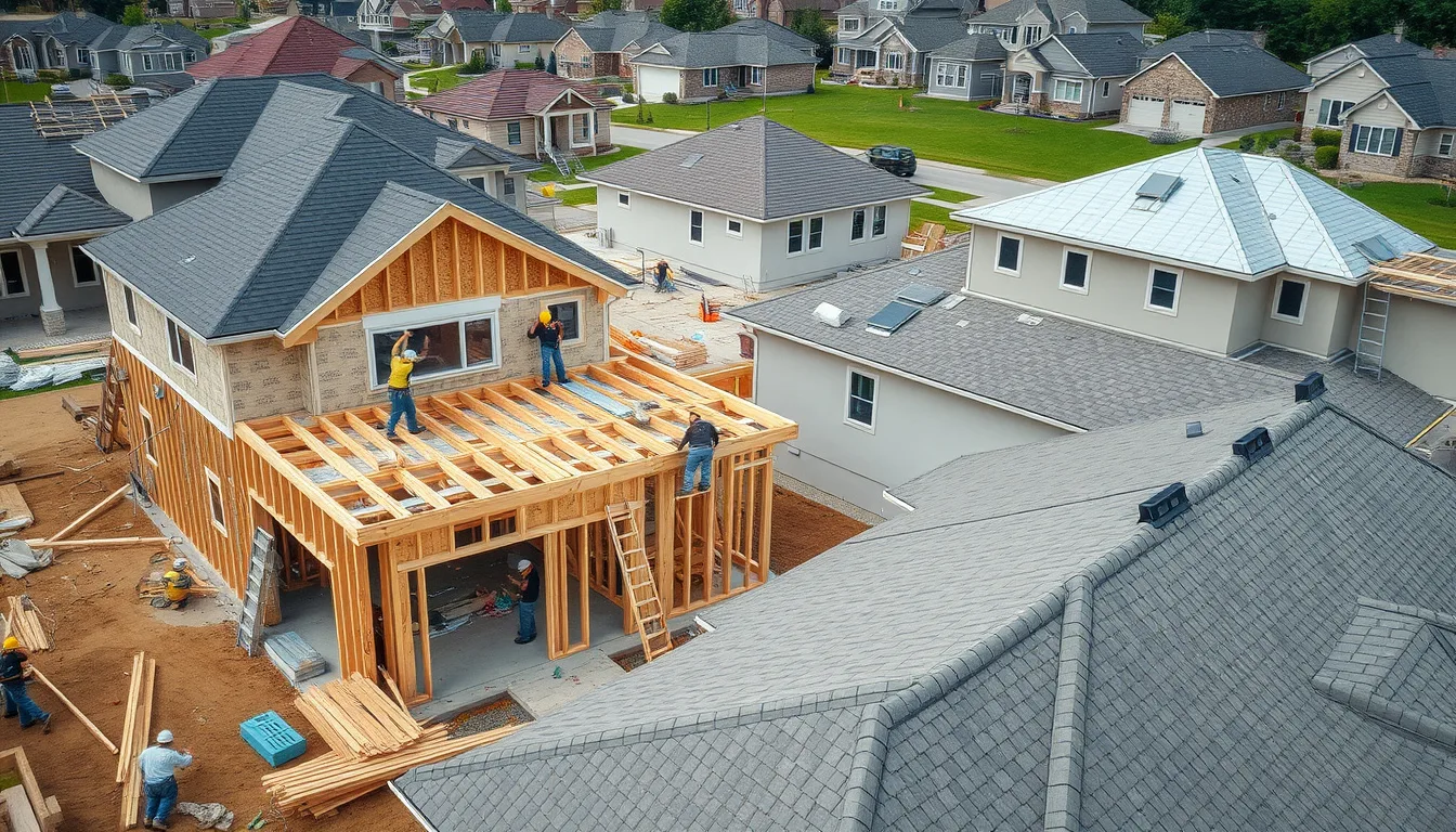 Multiple subcontractor crews and trade trucks working simultaneously across several lots on a large-scale production home subdivision