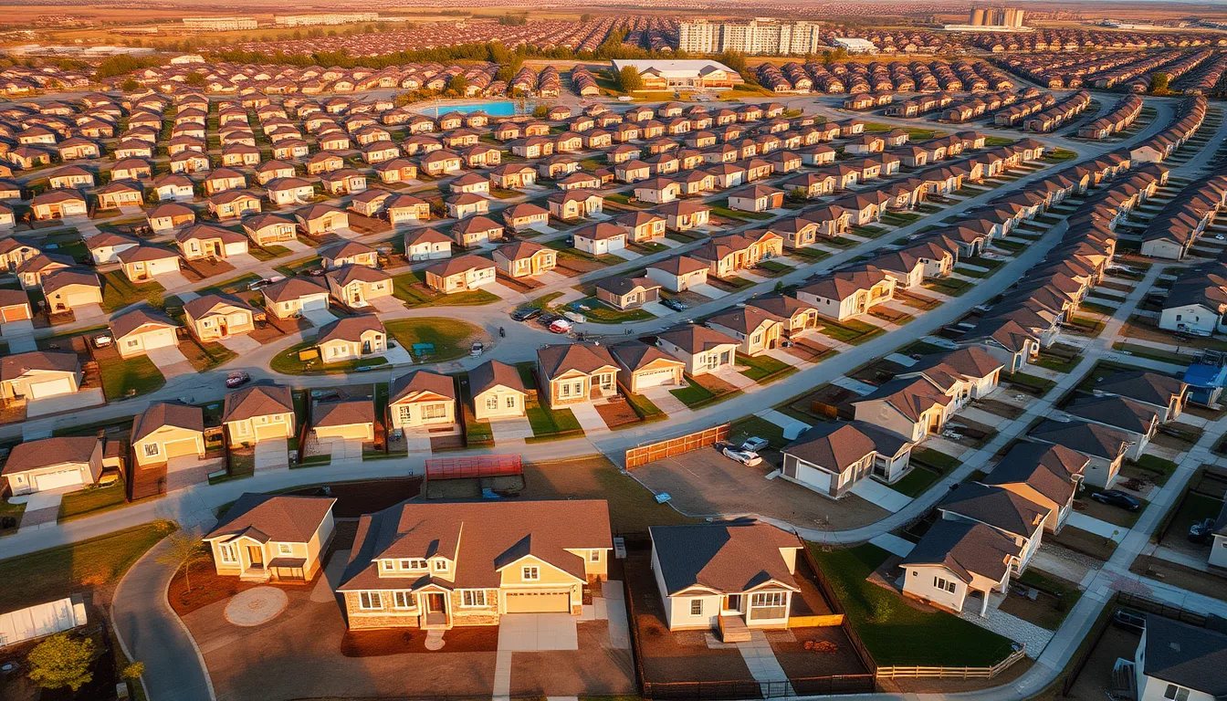 Aerial view of a production-homebuilding subdivision under construction with multiple framed homes across several graded lots